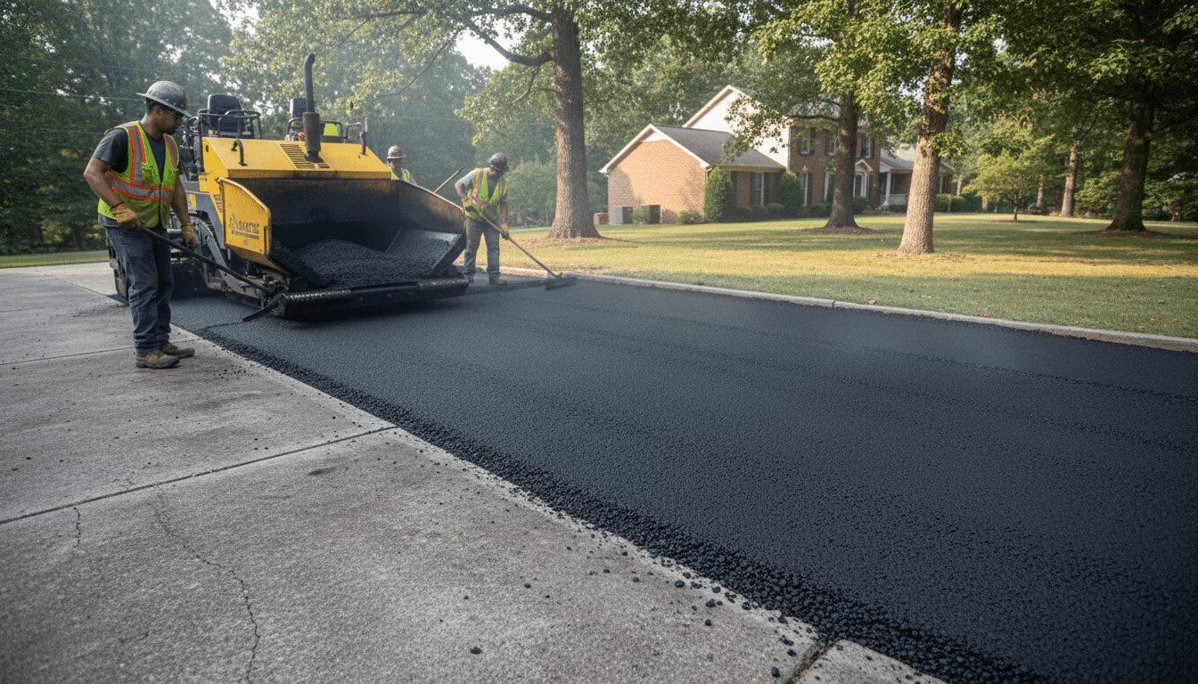 Professional asphalt paving crew laying fresh asphalt on a Madison residential driveway