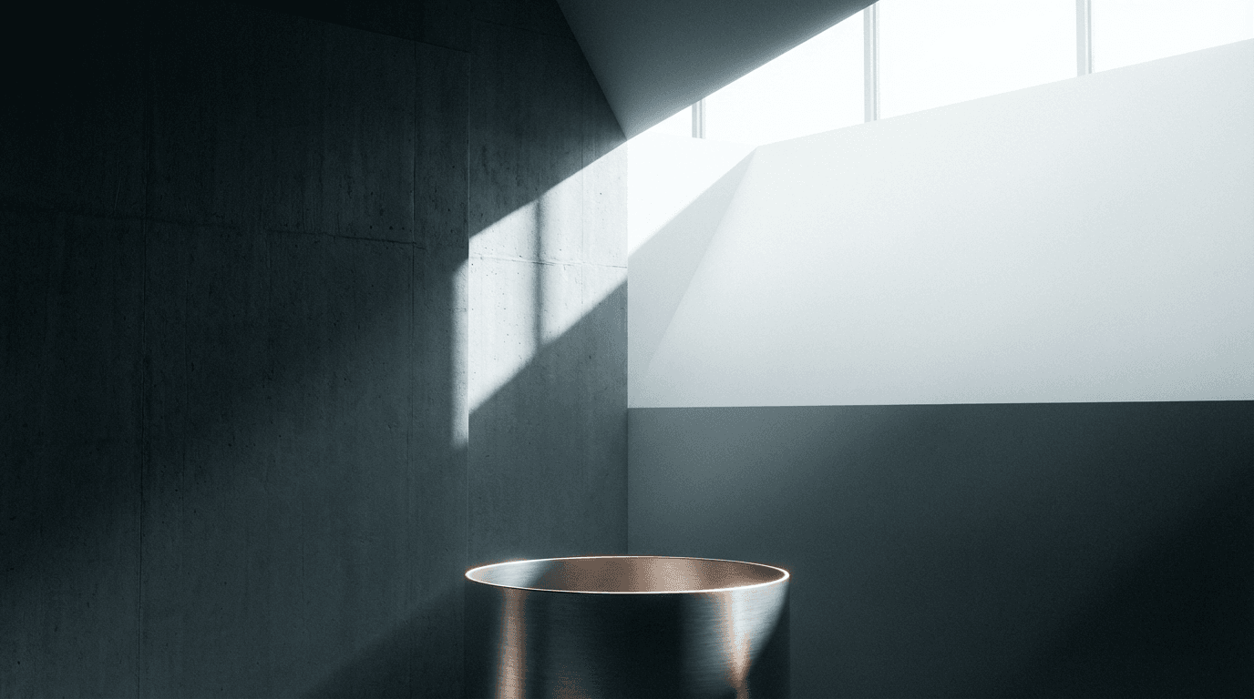 Geometric black and white architectural composition with metallic accent and dramatic volumetric lighting in minimalist studio setting.