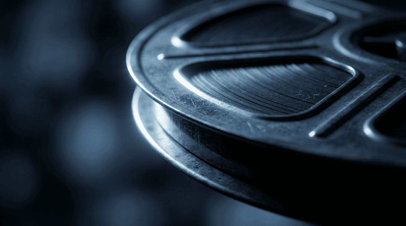 Rotating vintage film reel in dramatic blue-black lighting with dust particles and sharp shadows.