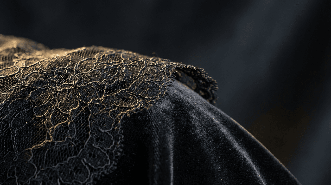 Close-up of intricate black lace with rimlit highlights on dark velvet background