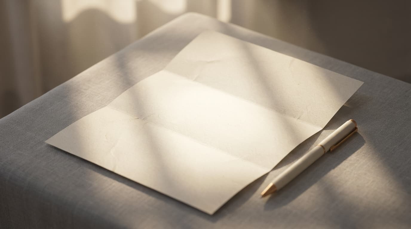 Overhead view of cream letter with pen on linen, warm window light casting subtle shadows across paper.